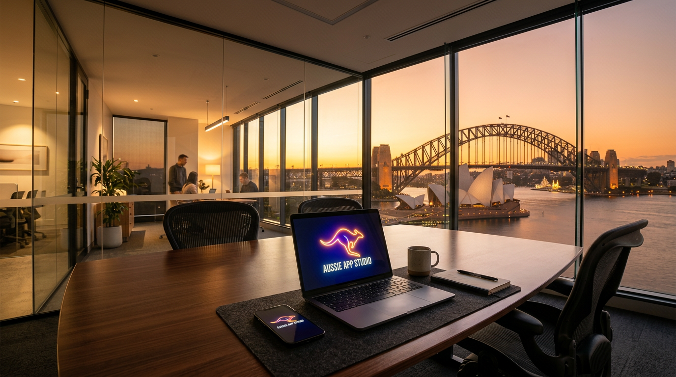 Aussie App Studio team collaborating in a bright product design workspace.